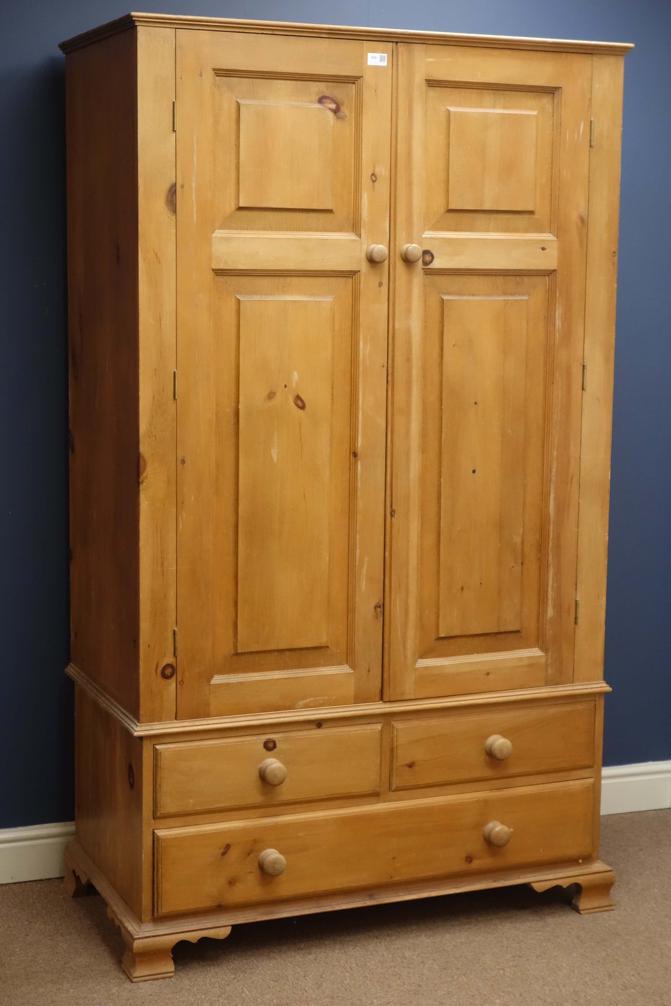 Solid pine double wardrobe with two doors above three drawers, W103cm, D55cm,