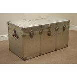 Vintage zinc travelling trunk with hinged lid and carrying handles, lined interior, W101cm, H54cm,