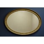 Edwardian gilt framed oval wall mirror, bevelled plate in fleur de leys and bead moulded frame,