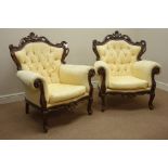 Pair Italian style ornate carved beech framed armchairs, W90cm, H105cm,