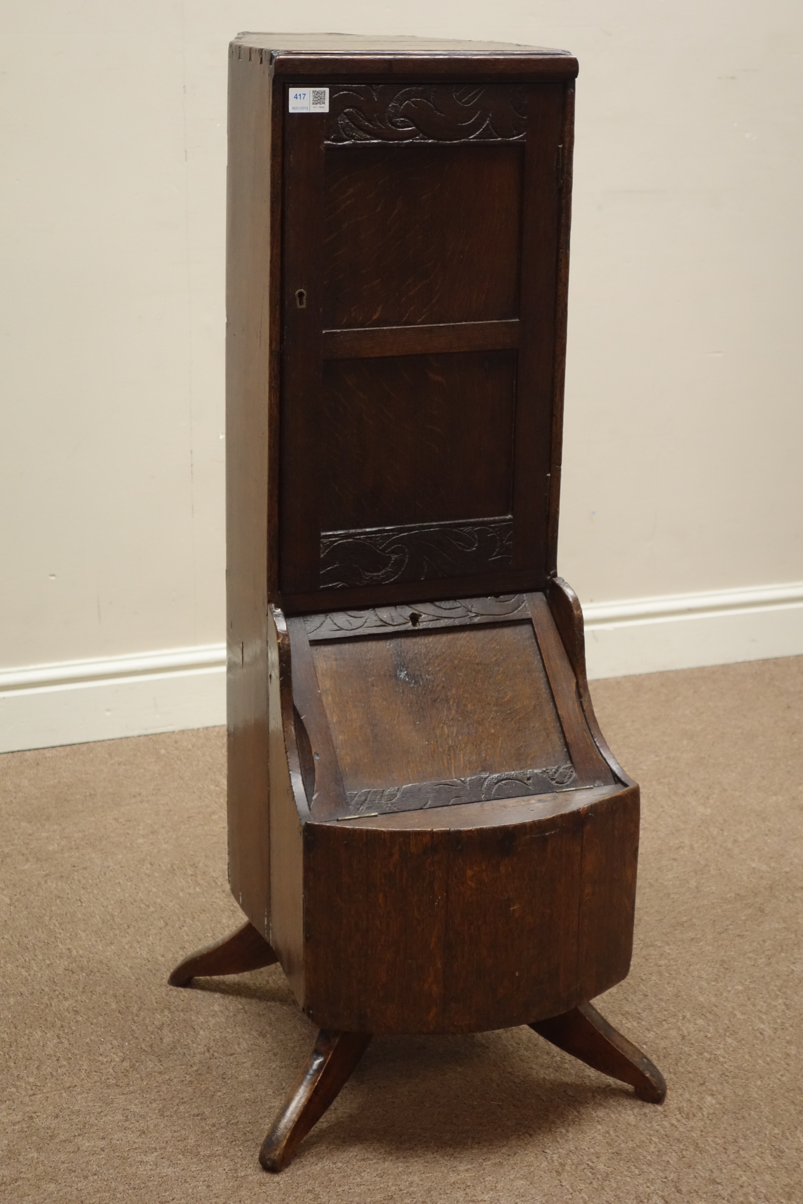 18th century oak crib cabinet, fitted with shelves, two panelled doors, W30cm, H102cm,