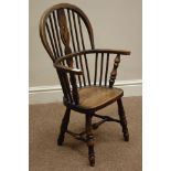 20th century oak child's Windsor armchair, double bow, stick and splat back,
