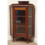 Edwardian mahogany corner display cabinet, glazed with bevelled glass, turned supports, W79cm,