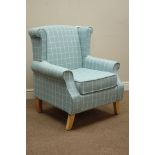 Wingback armchair upholstered in light blue checkered fabric Condition Report