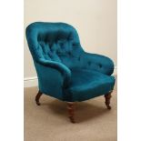 Late 19th century walnut framed armchair upholstered in blue velvet,