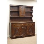 Medium oak kitchen dresser, two cupboard with carved rose motifs to doors,