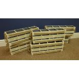 Six painted wood and rope bound four bottle carrier,