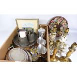 Piquot ware, two pairs of bras lamps, silver plate, pewter fruit bowl,