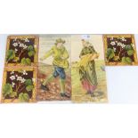 Late 19th Century fire surround tiles depicting farmers, with three others decorated with flowers,