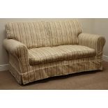 Two seat traditional shaped sofa upholstered in stripe fabric,