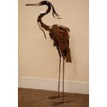 Tall rusted wrought sheet iron heron garden sculpture,