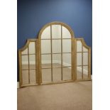 Three sectional arch top 'window' mirror in painted wood frame, W180cm,