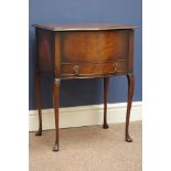 Early 20th century walnut work table, serpentine hinged top, single drawer, W46cm, H61cm,