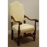 Early 20th century carved oak Carolean style upholstered armchair