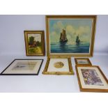 Collection of pictures including Fishing Boats at Sea, 20th century oil on board,