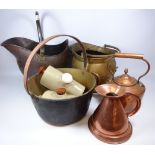 19th Century copper coal scuttle, brass jam pan,