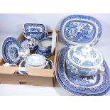 Four Willow pattern meat plates, Ridgeway tureen,