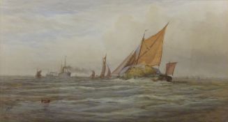 Hay Barge and Steam Ships on the River Thames, watercolour signed by James Henry Butt (exh.