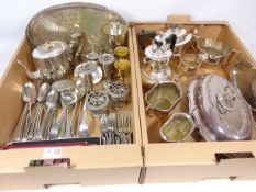 Two three piece silver-plated tea sets, silver-plated cutlery, bacon tray, Victorian teapot,