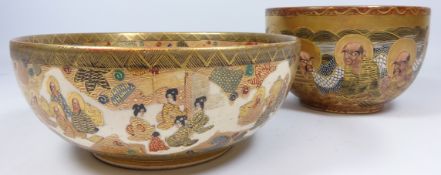 Two Japanese Satsuma Thousand Faces bowls with signature panels,