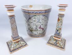 Pair of Portuguese candlesticks and a matching planter (3) Condition Report <a