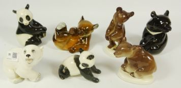 Russian Lomonosov animal figurines - panda bears, brown bears, polar bear and Himalayan bear,