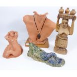 Collection of Chris Attlesey Studio Pottery & an African carved wooden model of a girl (4)