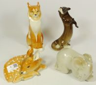 Russian Lomonosov figurines - Roe deer, Lynx, Elephant and an Otter.