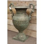 Cast iron 'antique copper' centre-piece pedestal urn, D88cm,