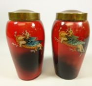 Pair of Stourbridge glass lidded jars, with stylized Dragon decoration, H18.