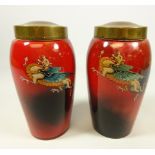 Pair of Stourbridge glass lidded jars, with stylized Dragon decoration, H18.