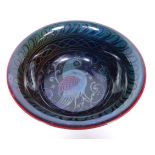 Bernard Moore flambe footed bowl, the interior decorated with exotic bird and bandings c1920, D20.