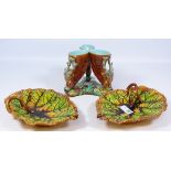 Victorian Majolica triple Stag head centre-piece in the style of Joseph Holdcroft and two Majolica