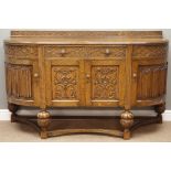 20th century carved oak sideboard, strap work frieze and raised back, drawer and cupboards,