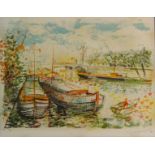 Barge Boats on a Canal, limited edition lithograph no.