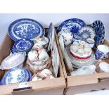 Early 20th Century blue and white Willow pattern meat plate and various plates,