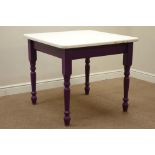 Painted pine square top table and turned base, 86cm x 86cm,