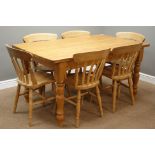 Rectangular pine dining table on turned supports (153cm x 91cm, H77cm),