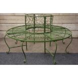 Wrought metal antique green finish circular tree bench, D139cm,