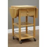 Beech kitchen trolley with drop leaf top, two drawers, 60cm x 50cm,