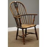 Early 19th century elm and ash Windsor armchair, double bow, stick and fret work splat back,