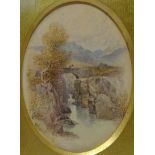 Figures on Birk's Bridge Lake District, oval watercolour Attrib.