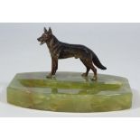 Art Deco period onyx pen tray with cold painted bronze figure of a German Shepherd or Alsatian,