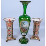 Pair of Victorian Copeland Imari pattern posy vases H20cm and a Victorian emerald green glass vase