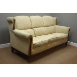 Pair traditional style stained beech framed three seat sofas upholstered in beige chenille fabric,