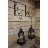 Pair black finish metal wirework hanging baskets with brackets, W36cm,