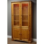 Polished pine display cabinet with double cupboard, W101cm, H190cm,