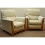 Pair 'Sutcliffe' teak framed armchairs upholstered in beige patterned fabric, W89cm, H99cm,