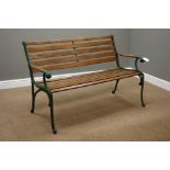 Wrought metal and wood slatted garden bench,