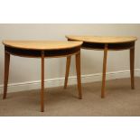 Pair polished pine demi-lune console tables with under tiers, W100cmm, H75cm,